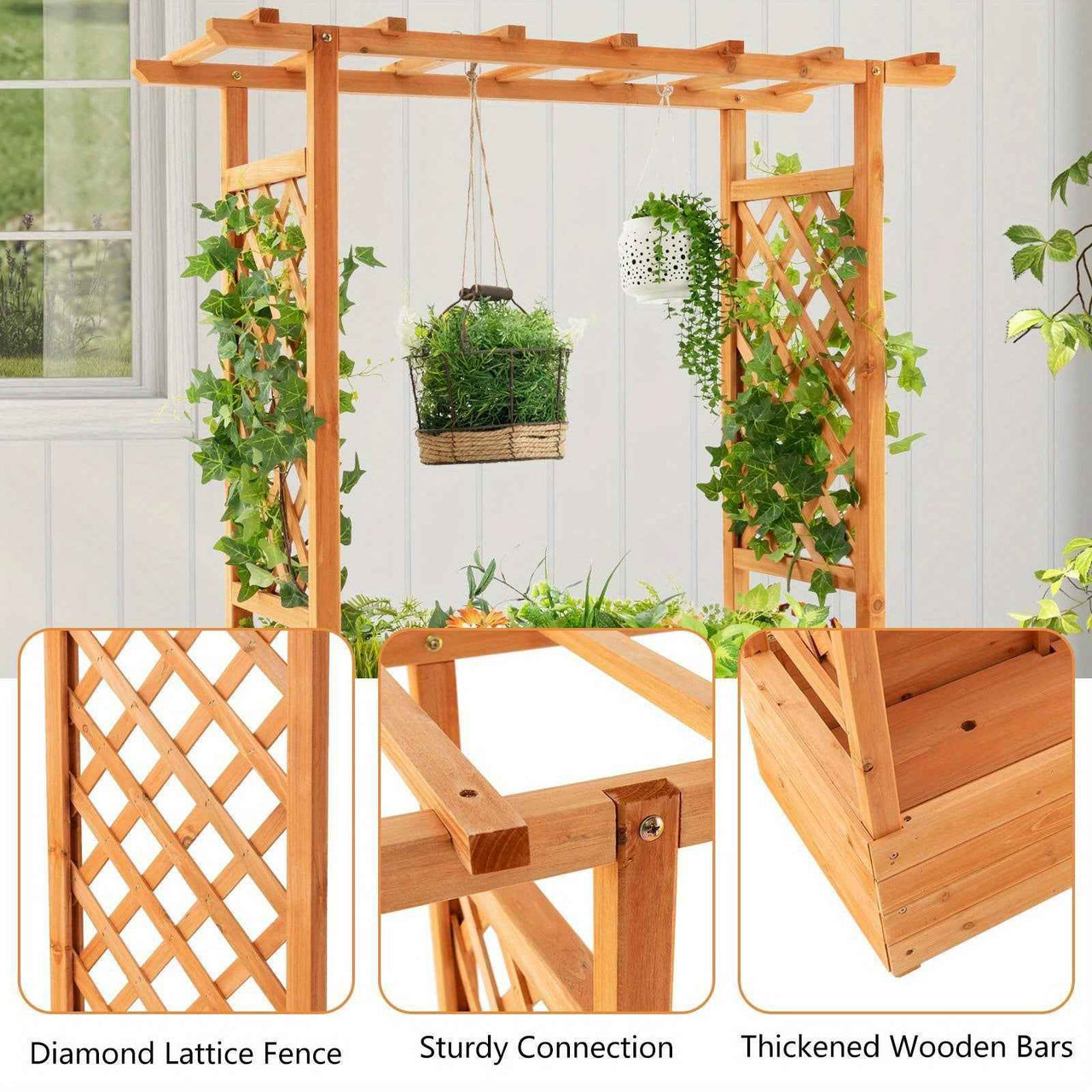 Large Wooden Raised Planter Garden Bed Container w/Top Trellis for Vine Climbing Plant Flower
