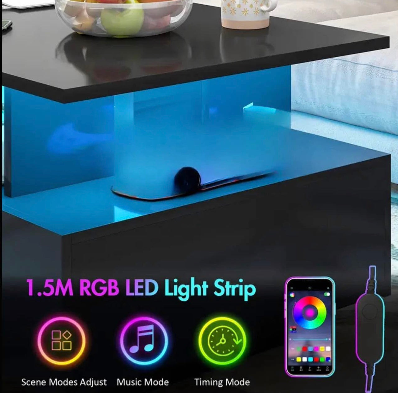 Modern LED Coffee Table – Glossy Finish, 4 Drawers, App Control 16 led colours Lights