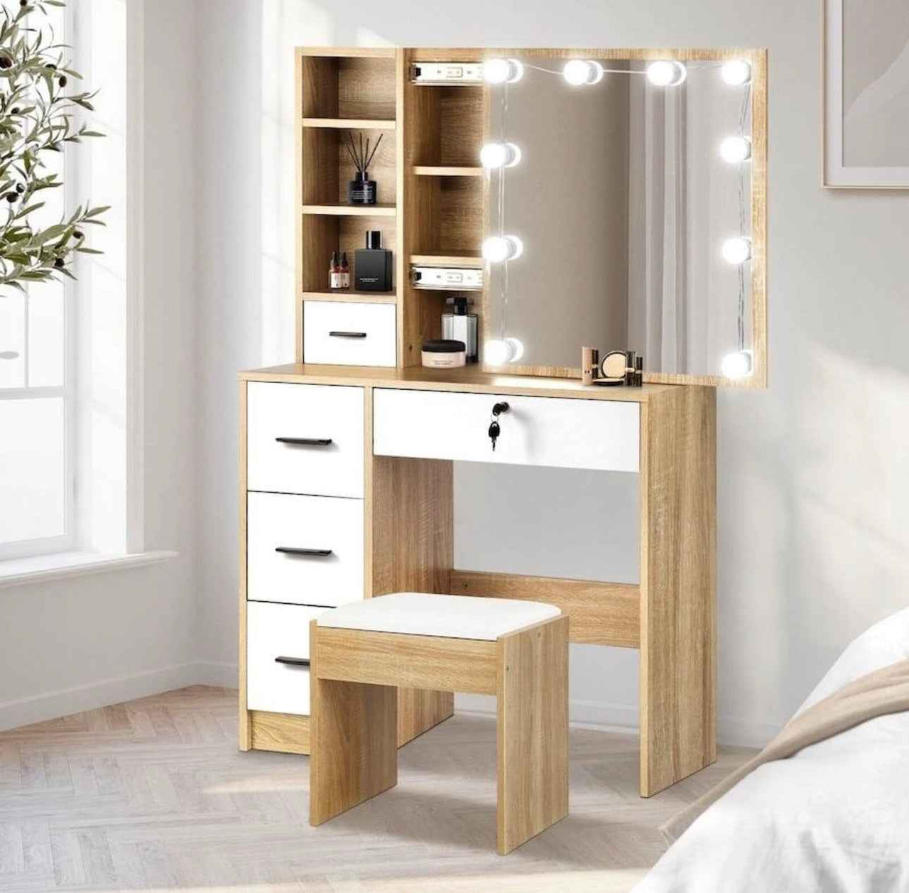 Dressing Table & Stool Set Make up Vanity – Natural/White Finish