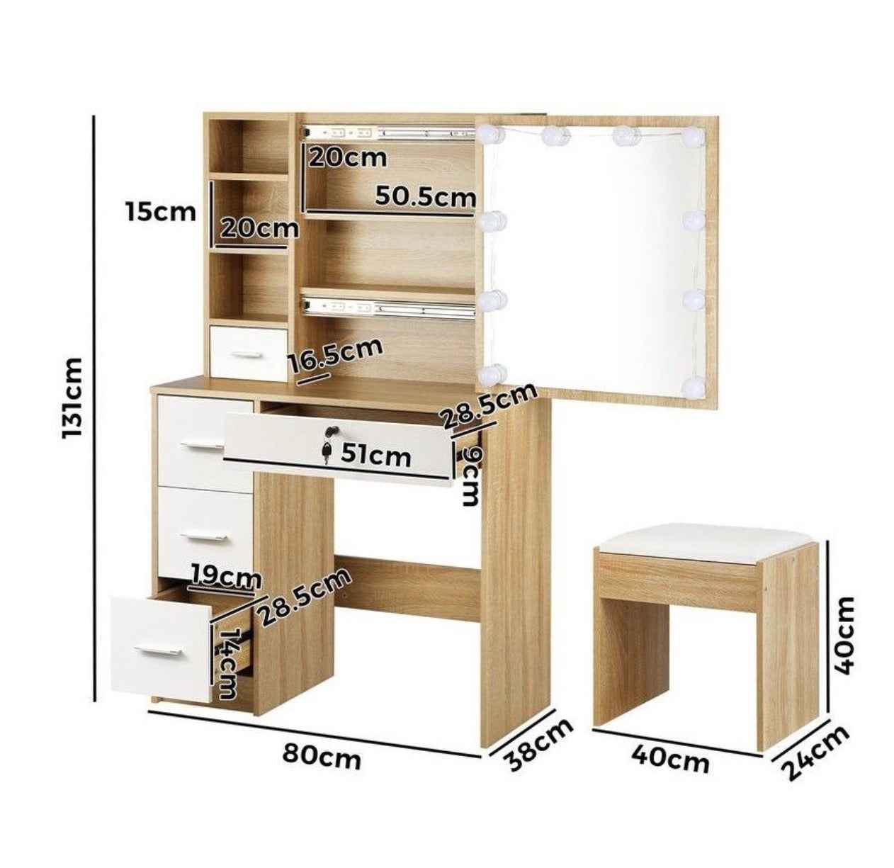 Dressing Table & Stool Set Make up Vanity – Natural/White Finish