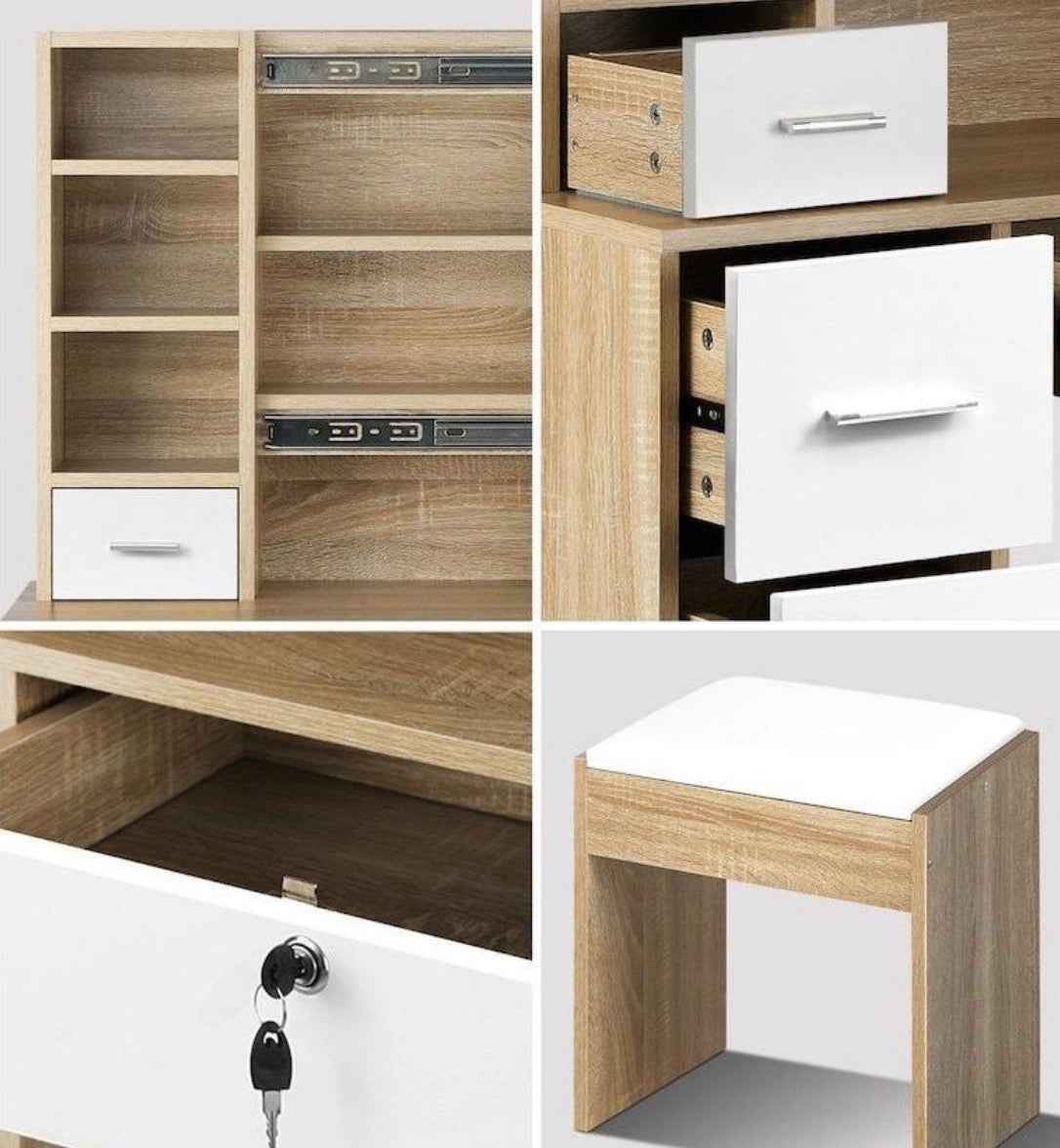 Dressing Table & Stool Set Make up Vanity – Natural/White Finish