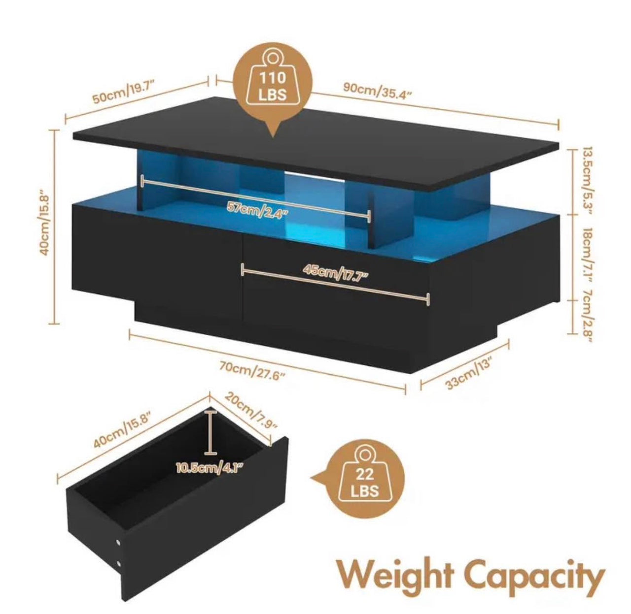 Modern LED Coffee Table – Glossy Finish, 4 Drawers, App Control 16 led colours Lights