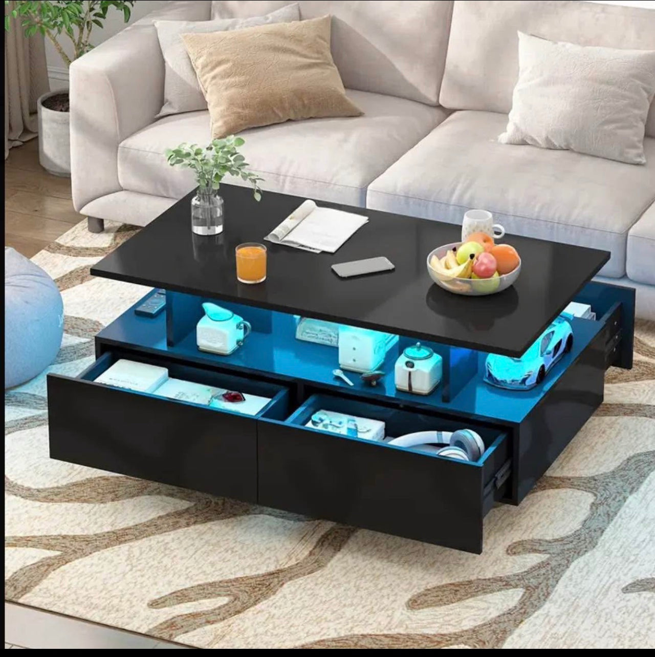 Modern LED Coffee Table – Glossy Finish, 4 Drawers, App Control 16 led colours Lights