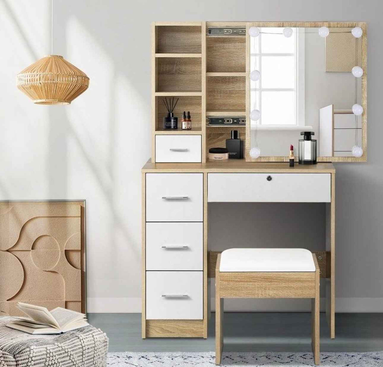 Dressing Table & Stool Set Make up Vanity – Natural/White Finish