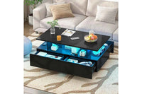 LED Coffee Table with 4 Storage Drawers Rectangle High Gloss Central Table with Open Display Shelf Black