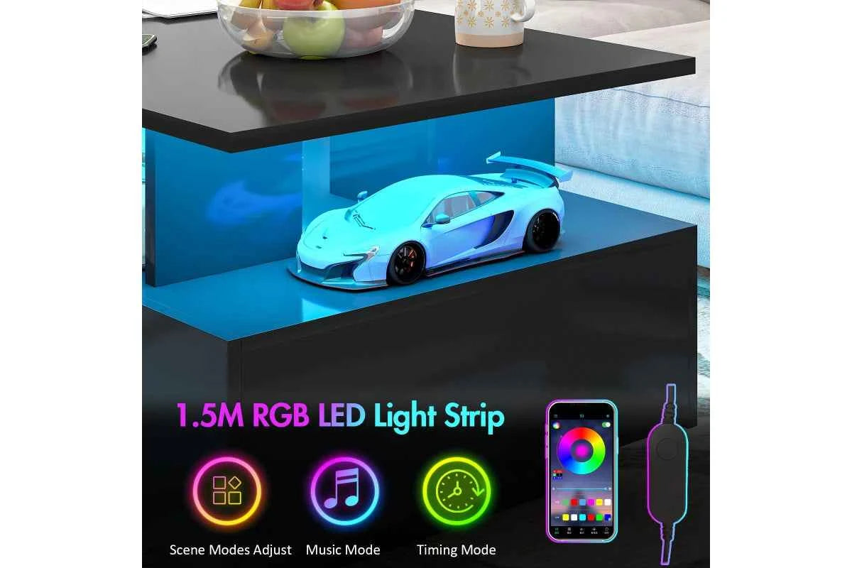 LED Coffee Table with 4 Storage Drawers Rectangle High Gloss Central Table with Open Display Shelf Black