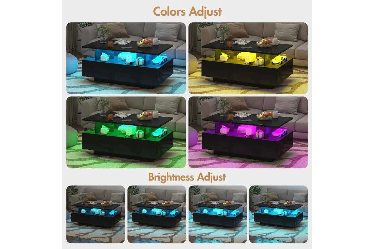 LED Coffee Table with 4 Storage Drawers Rectangle High Gloss Central Table with Open Display Shelf Black