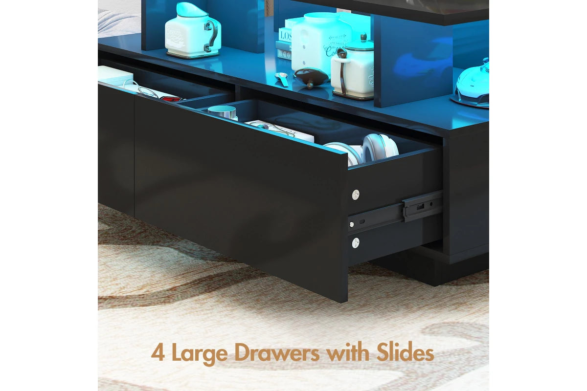 LED Coffee Table with 4 Storage Drawers Rectangle High Gloss Central Table with Open Display Shelf Black Deals R Us