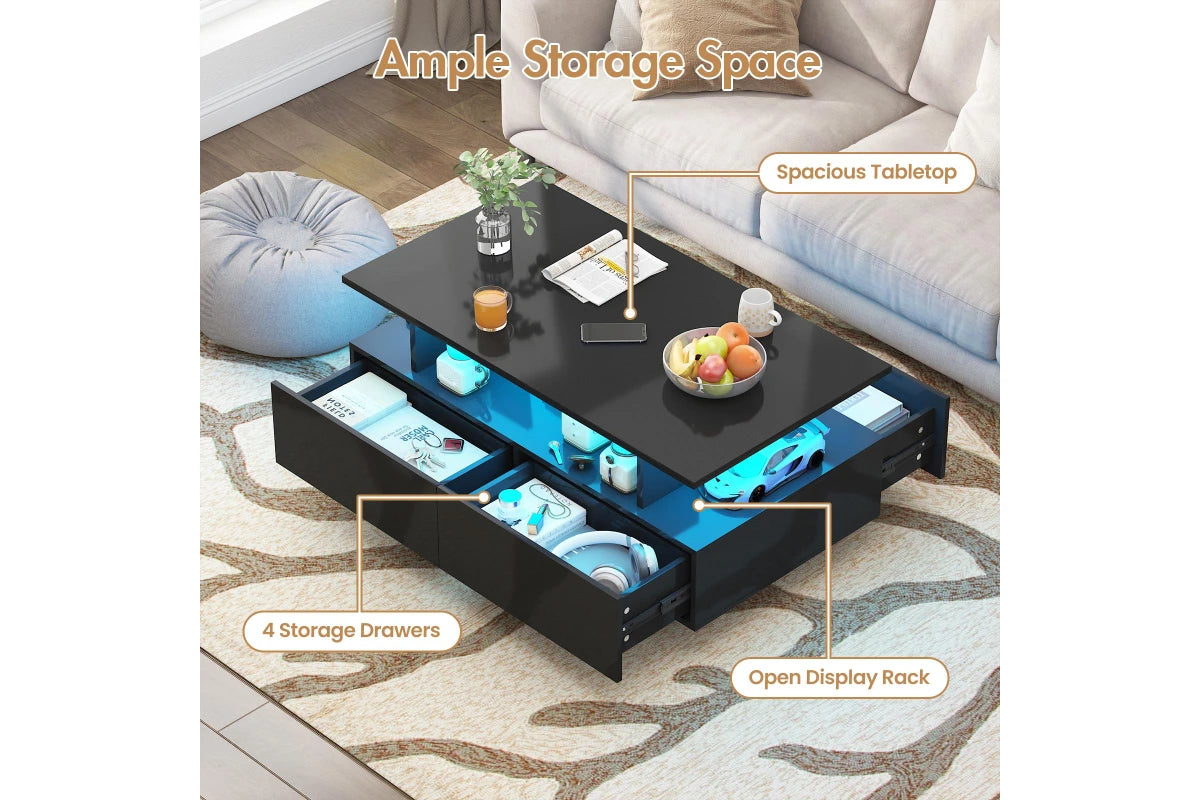 LED Coffee Table with 4 Storage Drawers Rectangle High Gloss Central Table with Open Display Shelf Black Deals R Us