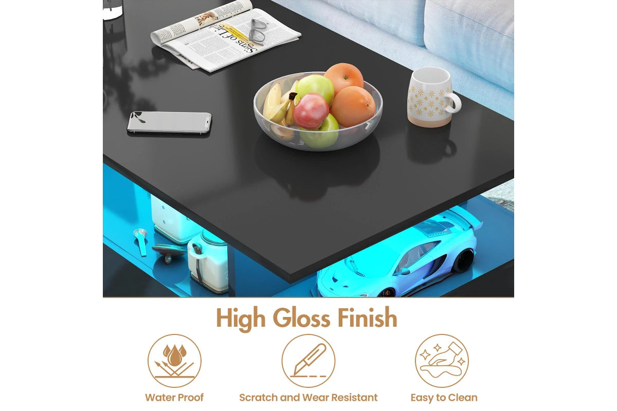 LED Coffee Table with 4 Storage Drawers Rectangle High Gloss Central Table with Open Display Shelf Black Deals R Us
