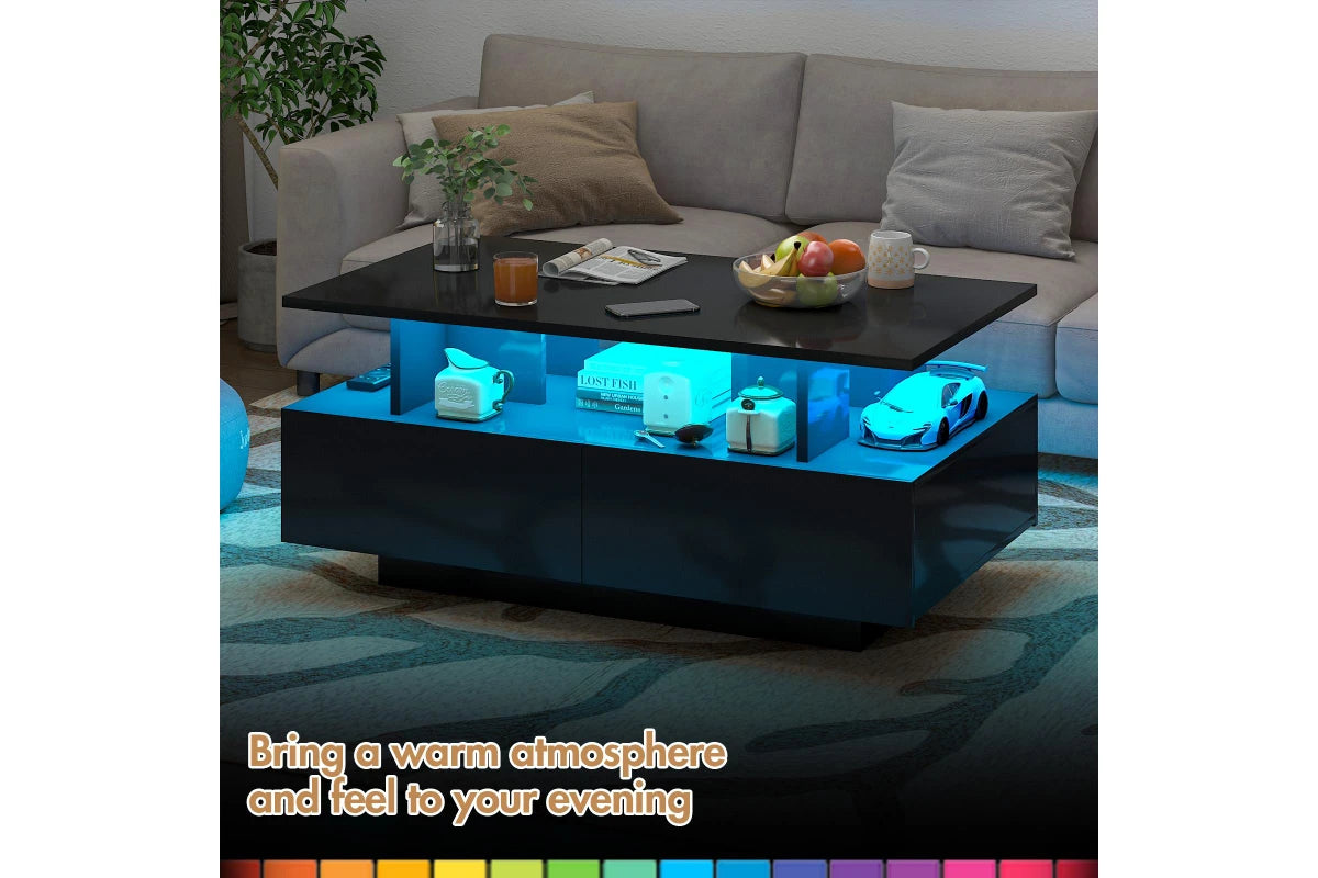 LED Coffee Table with 4 Storage Drawers Rectangle High Gloss Central Table with Open Display Shelf Black Deals R Us