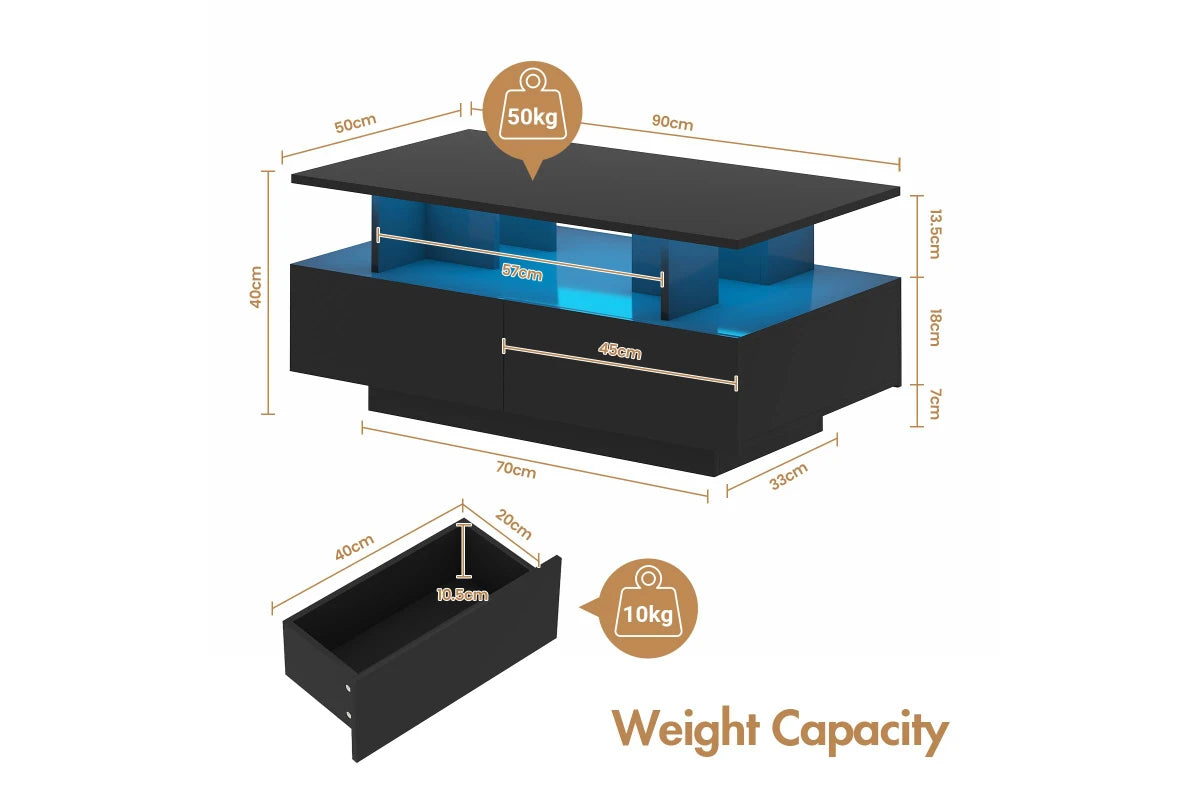 LED Coffee Table with 4 Storage Drawers Rectangle High Gloss Central Table with Open Display Shelf Black Deals R Us
