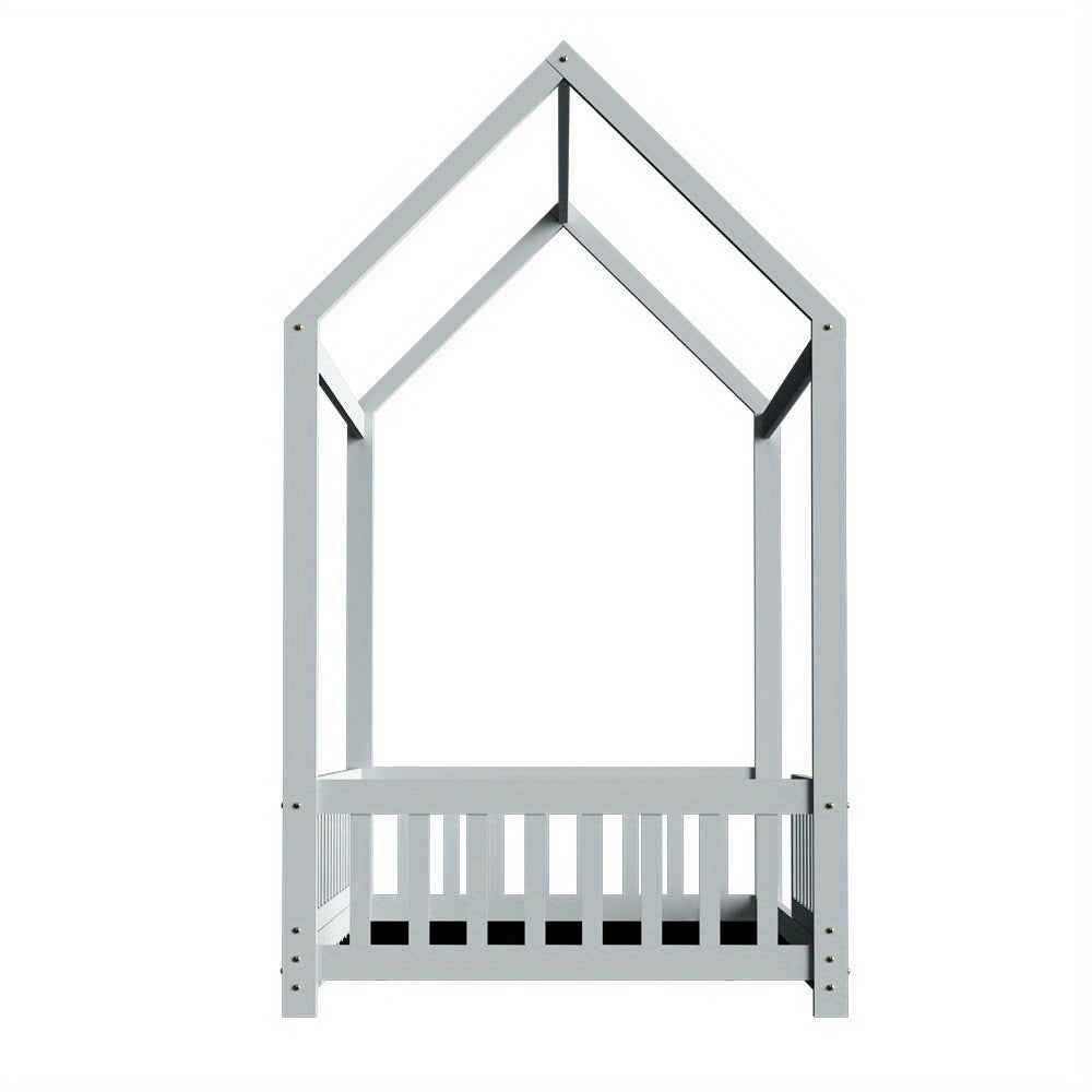Grey Solid Pine House Toddler Bed Frame for Kids - Slatted Base & Storage Shelf