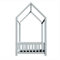 Thumbnail for Grey Solid Pine House Toddler Bed Frame for Kids - Slatted Base & Storage Shelf