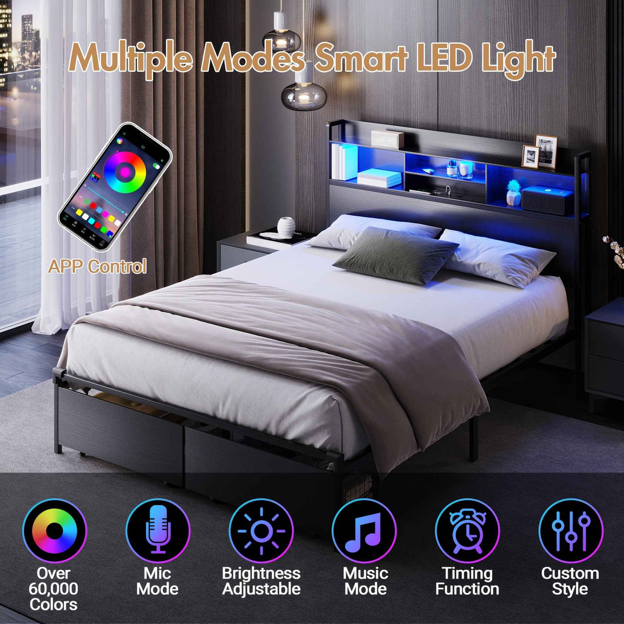 Ufurniture Queen bed / Double bed  LED Bed Frame with USB Charging & Storage Drawers - Modern Metal Platform Bed