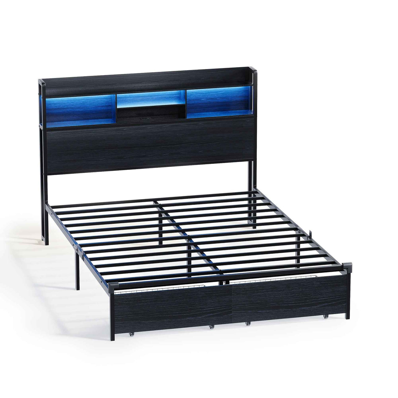 Ufurniture Queen bed / Double bed  LED Bed Frame with USB Charging & Storage Drawers - Modern Metal Platform Bed