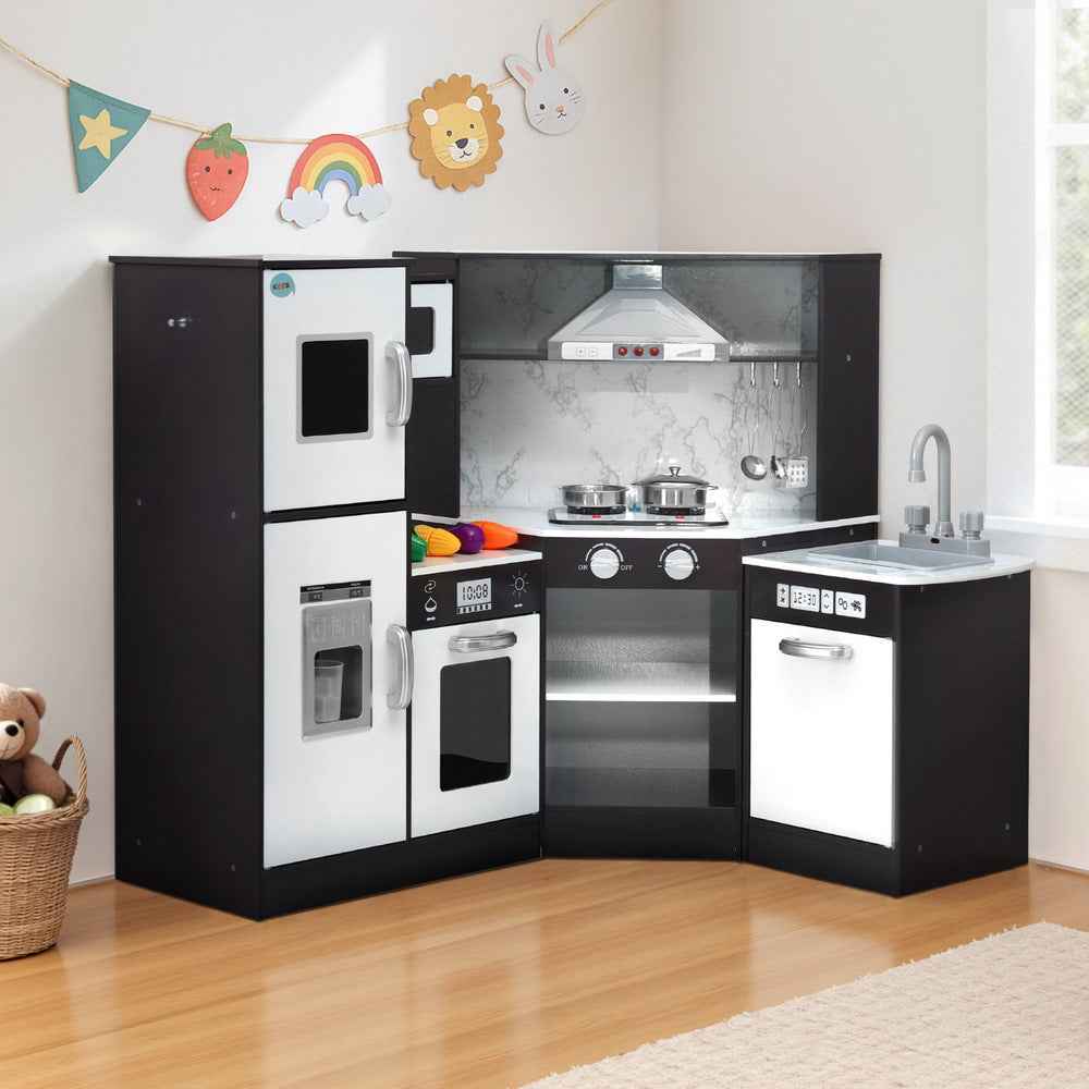 Keezi Kids Kitchen Play Set Wooden Pretend Cooking Playset w/Sounds Lights Black