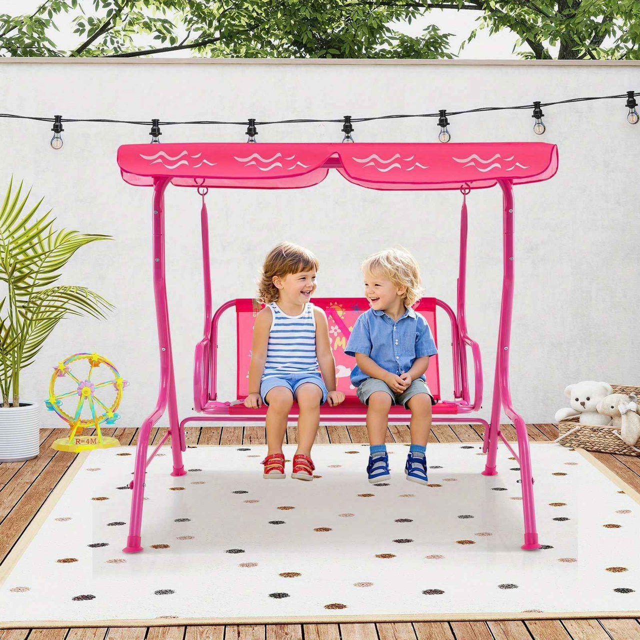 2-Seater Porch Swing Indoor / outdoor kids Chair Bench w/ Adjustable Tilt Canopy & Metal Stand Mermaid Pattern Pink