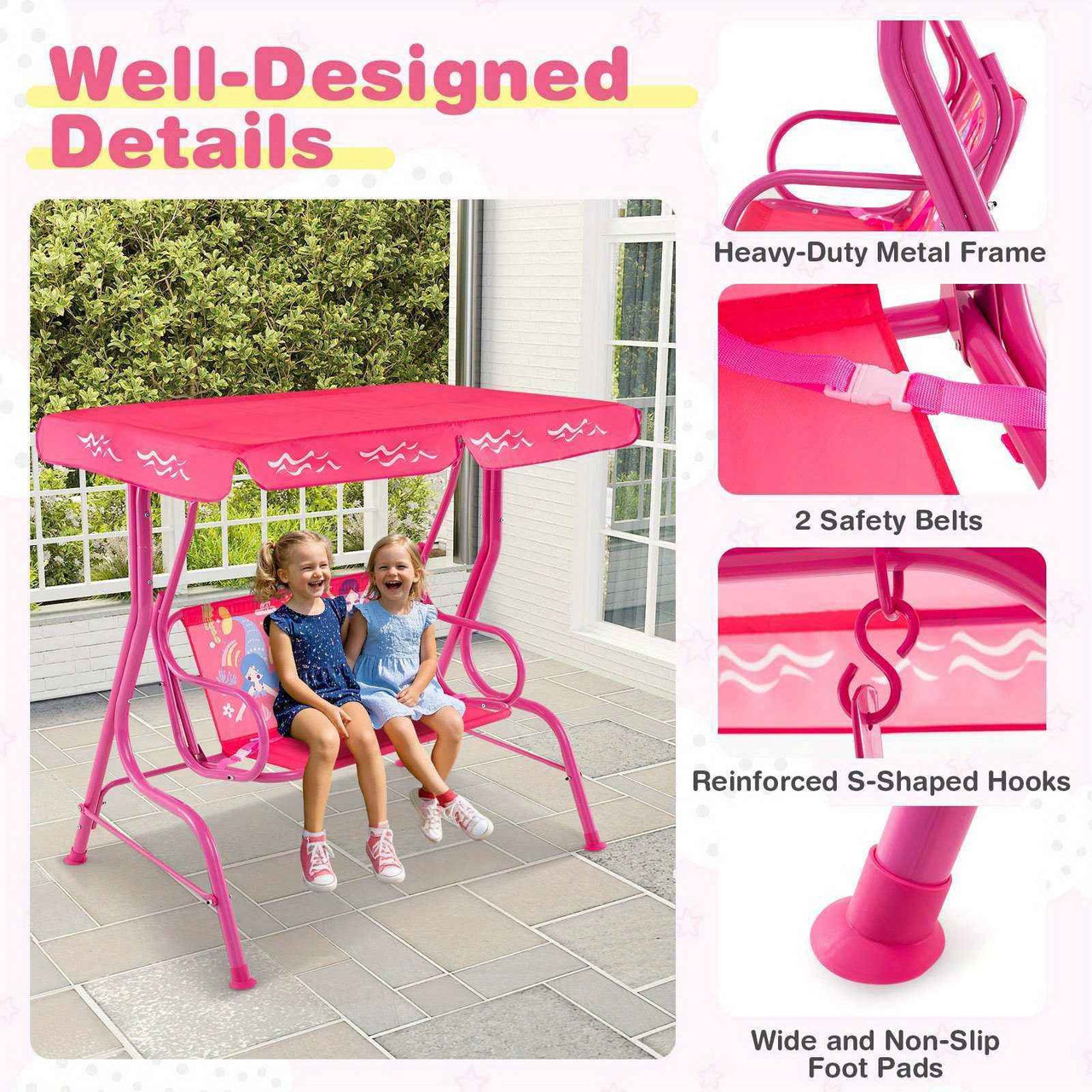 2-Seater Porch Swing Indoor / outdoor kids Chair Bench w/ Adjustable Tilt Canopy & Metal Stand Mermaid Pattern Pink