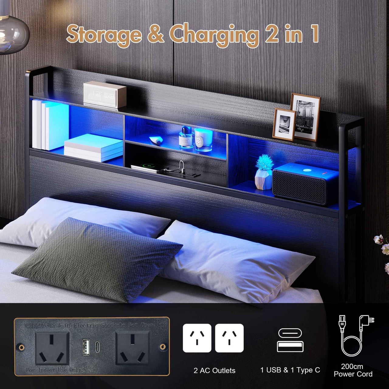 Ufurniture Queen bed / Double bed  LED Bed Frame with USB Charging & Storage Drawers - Modern Metal Platform Bed