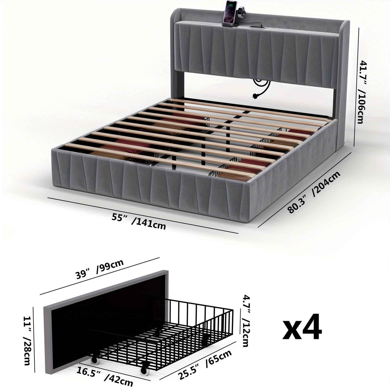 Velvet Bed Frame: 4 Drawers, USB Charging, Modern Platform Queen bed / Double double Size Bed Frame