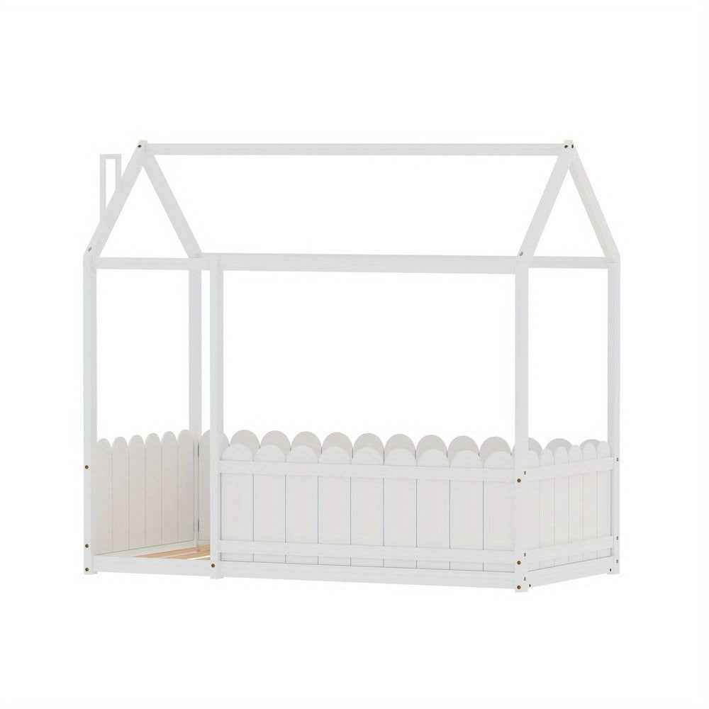 White Wooden toddler Bed House-Shaped Single Bed Frame - Solid Pine Wood