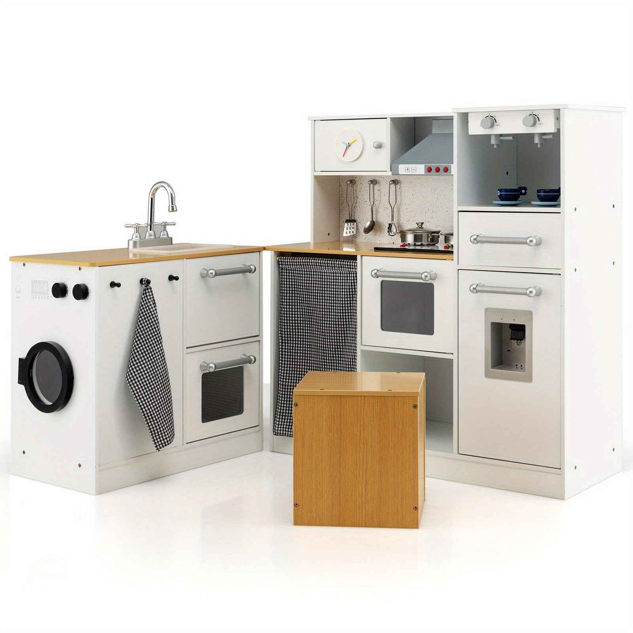 Wooden Kids Kitchen Playset with Light & Sound Stove, Stool, and Icemaker