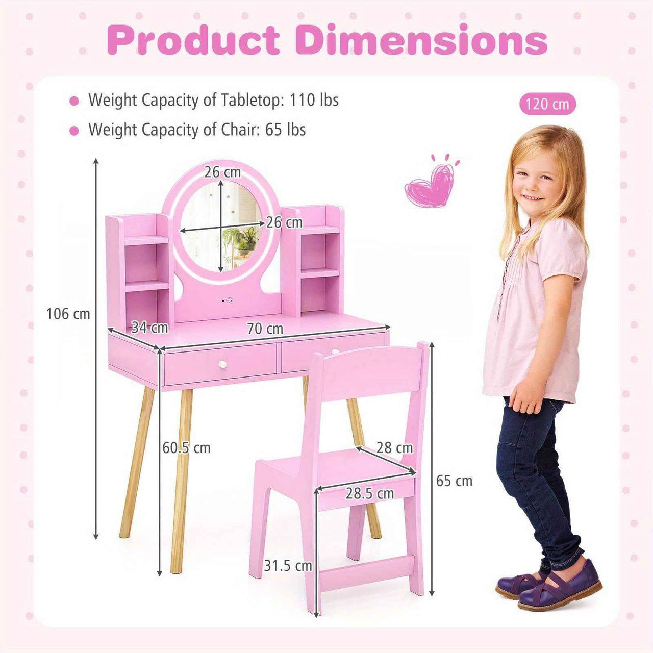 Pink Kids Vanity Dressing Table & Chair Set Makeup Desk & Chair w/ 2-Color Front Lit Mirror