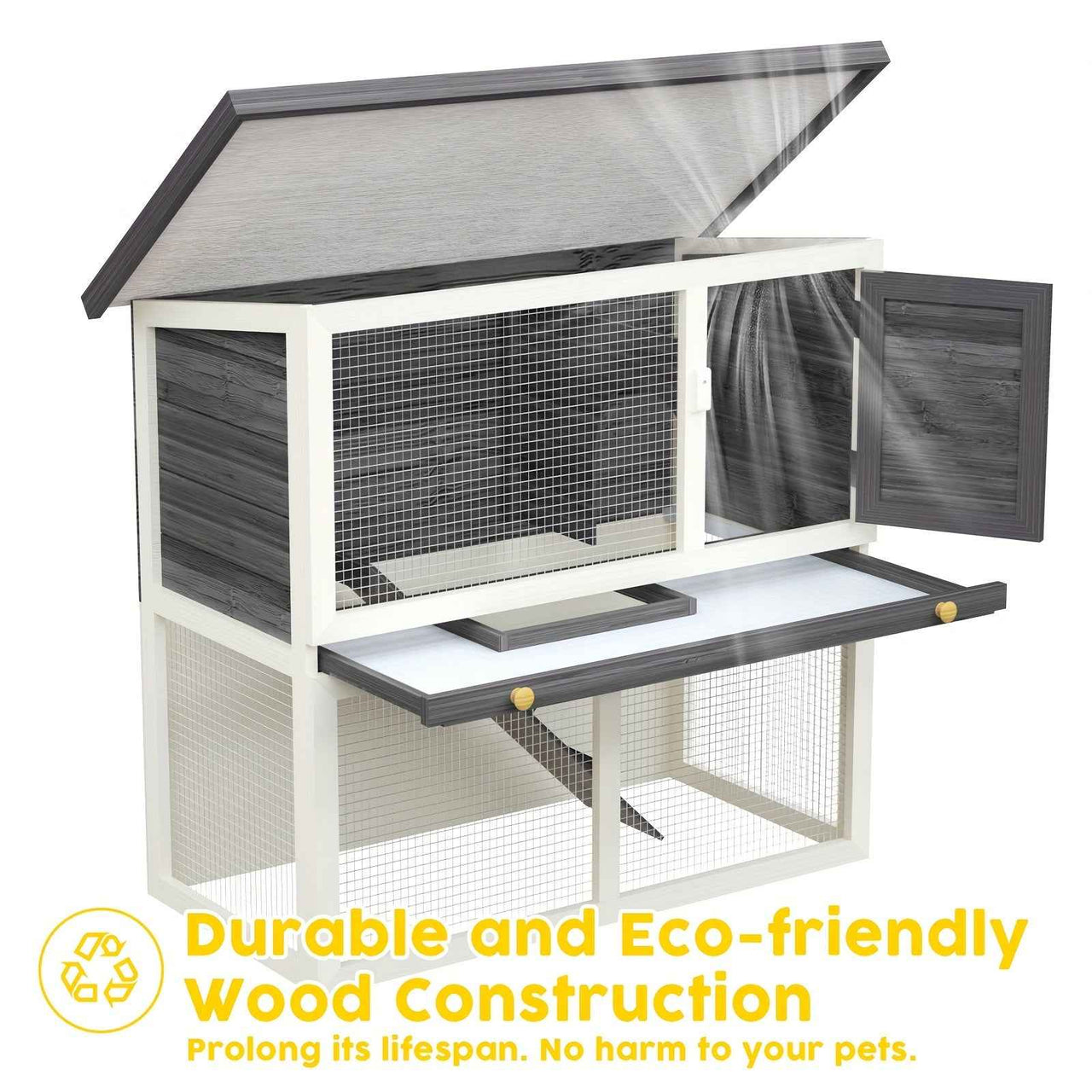 Outdoor Rabbit Hutch Wooden Chicken Coop, Spacious Mesh Wire Enclosed Cage, Pull Out Tray&Easy Clean For Bunnies, Chickens, Guinea Pigs, Rabbit