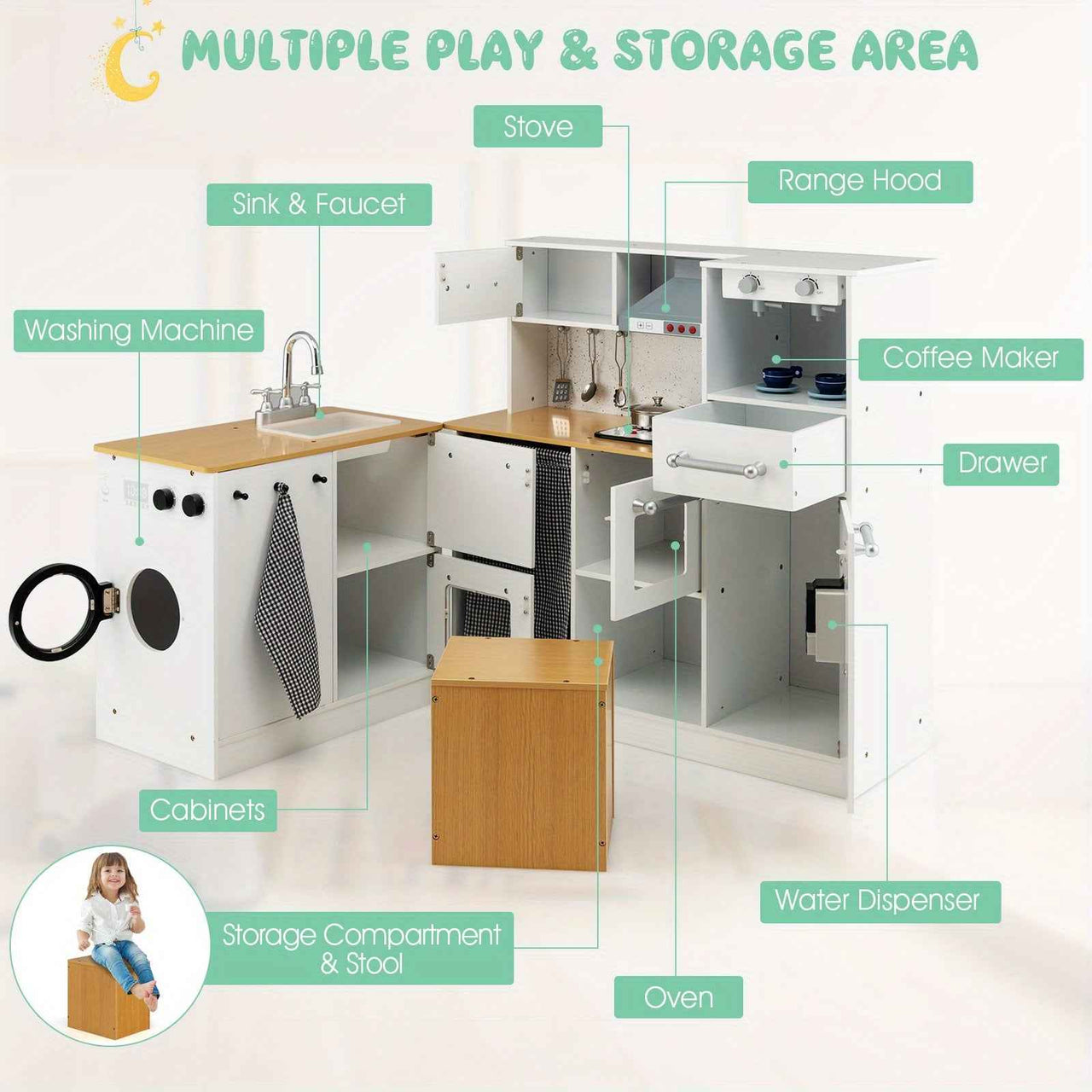 Wooden Kids Kitchen Playset with Light & Sound Stove, Stool, and Icemaker