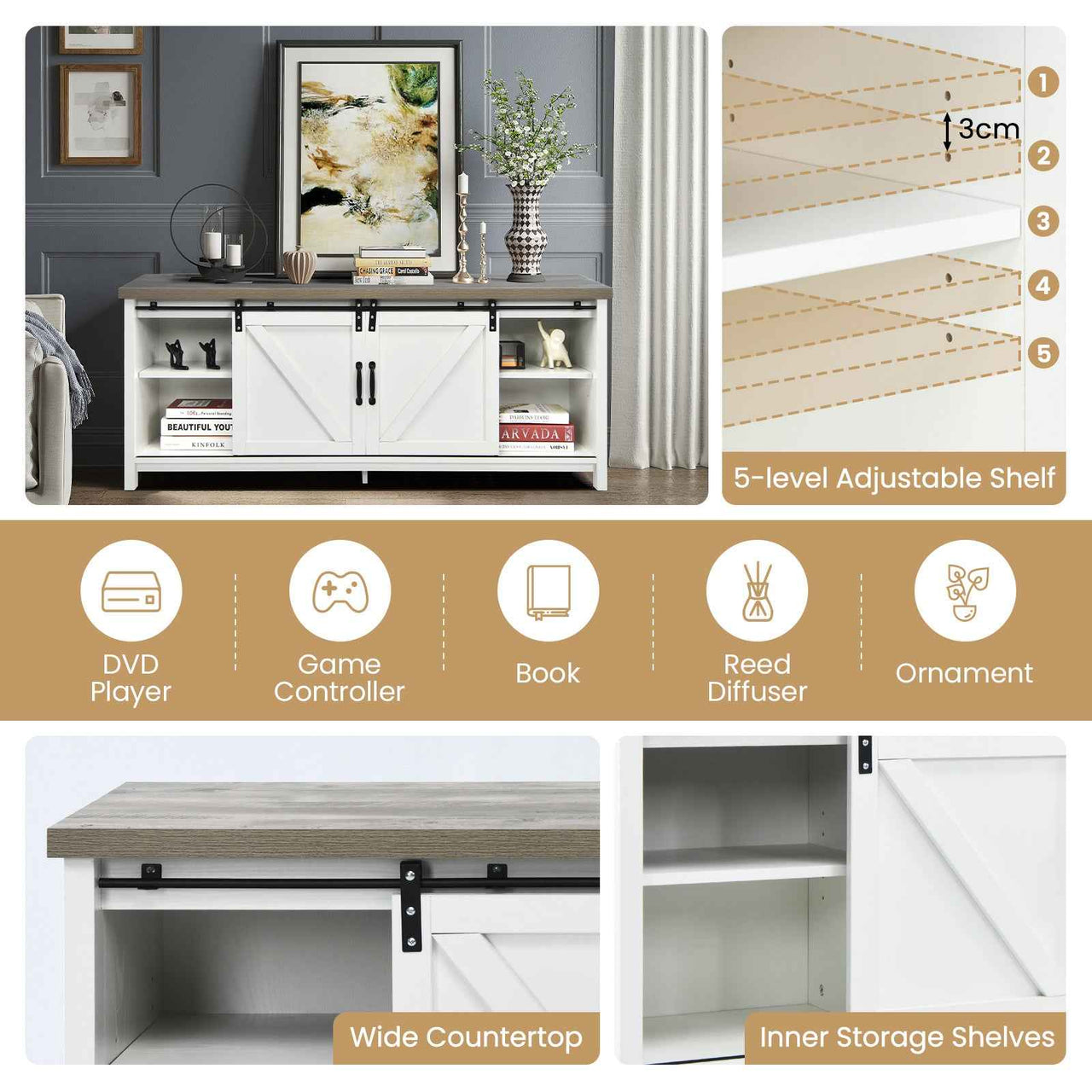 Wooden TV Stand for 65” Television with 2 Cabinets
