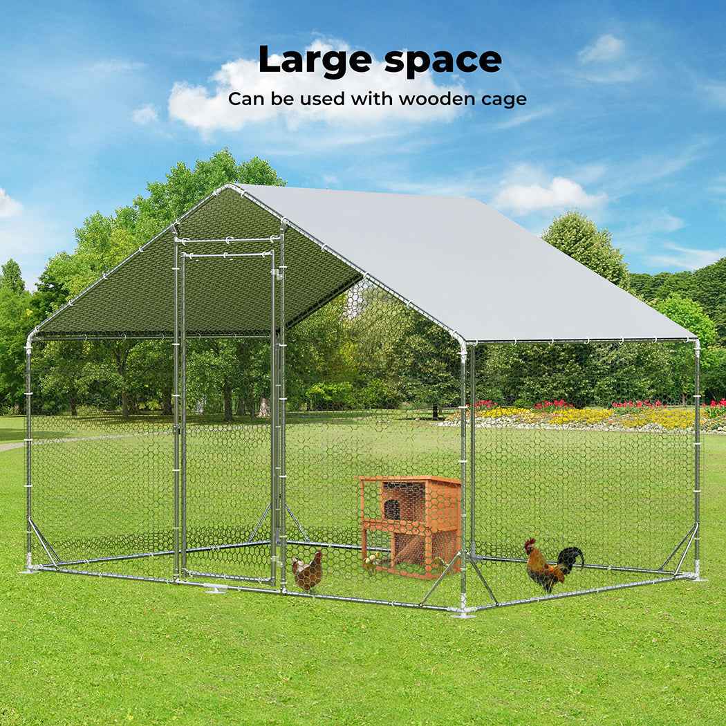 Chicken Coop Large Pet Cage, Thick Galvanized Metal Hen House with Waterproof Sun-Protective Cover