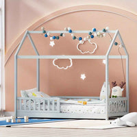 Thumbnail for Grey Solid Pine House Toddler Bed Frame for Kids - Slatted Base & Storage Shelf