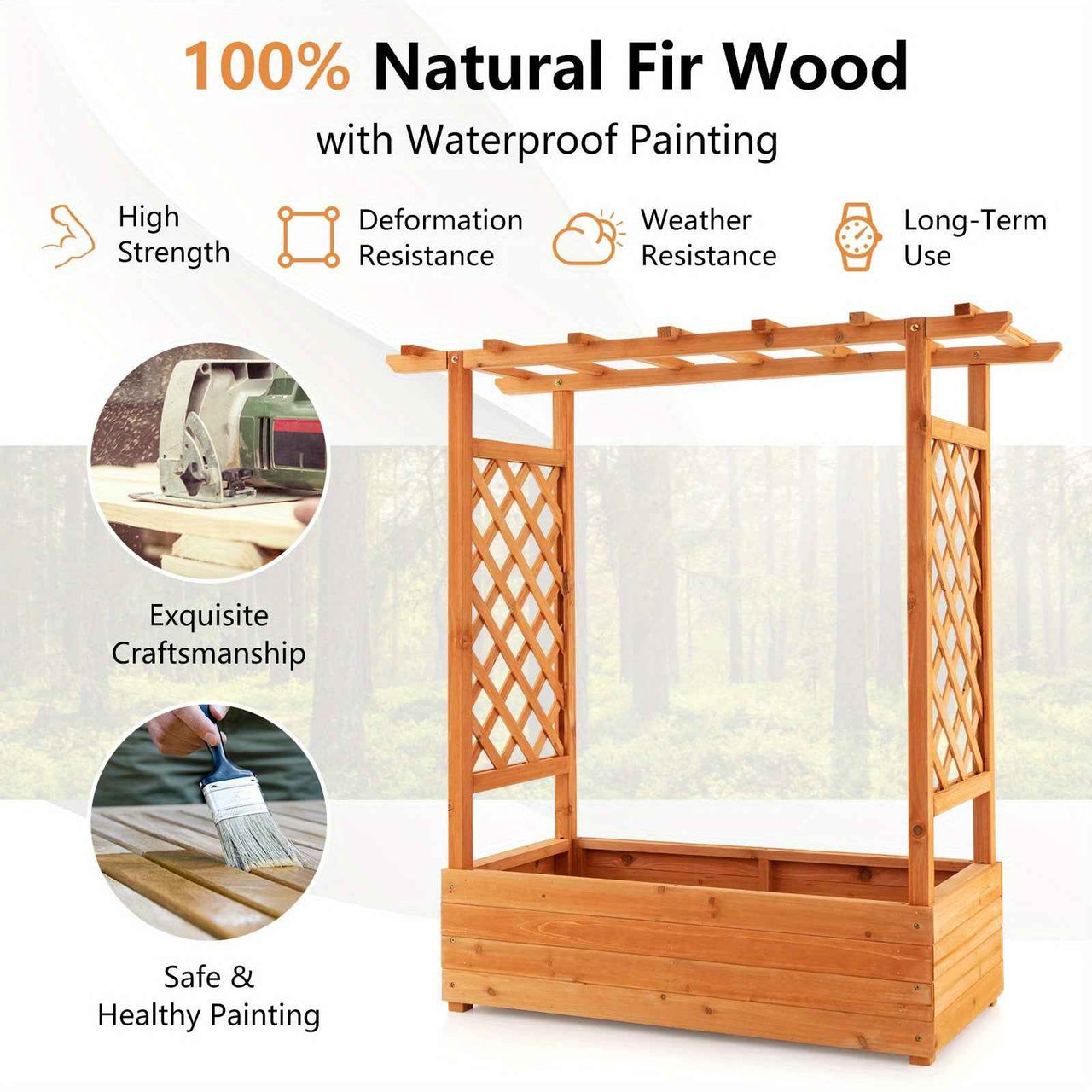 Large Wooden Raised Planter Garden Bed Container w/Top Trellis for Vine Climbing Plant Flower