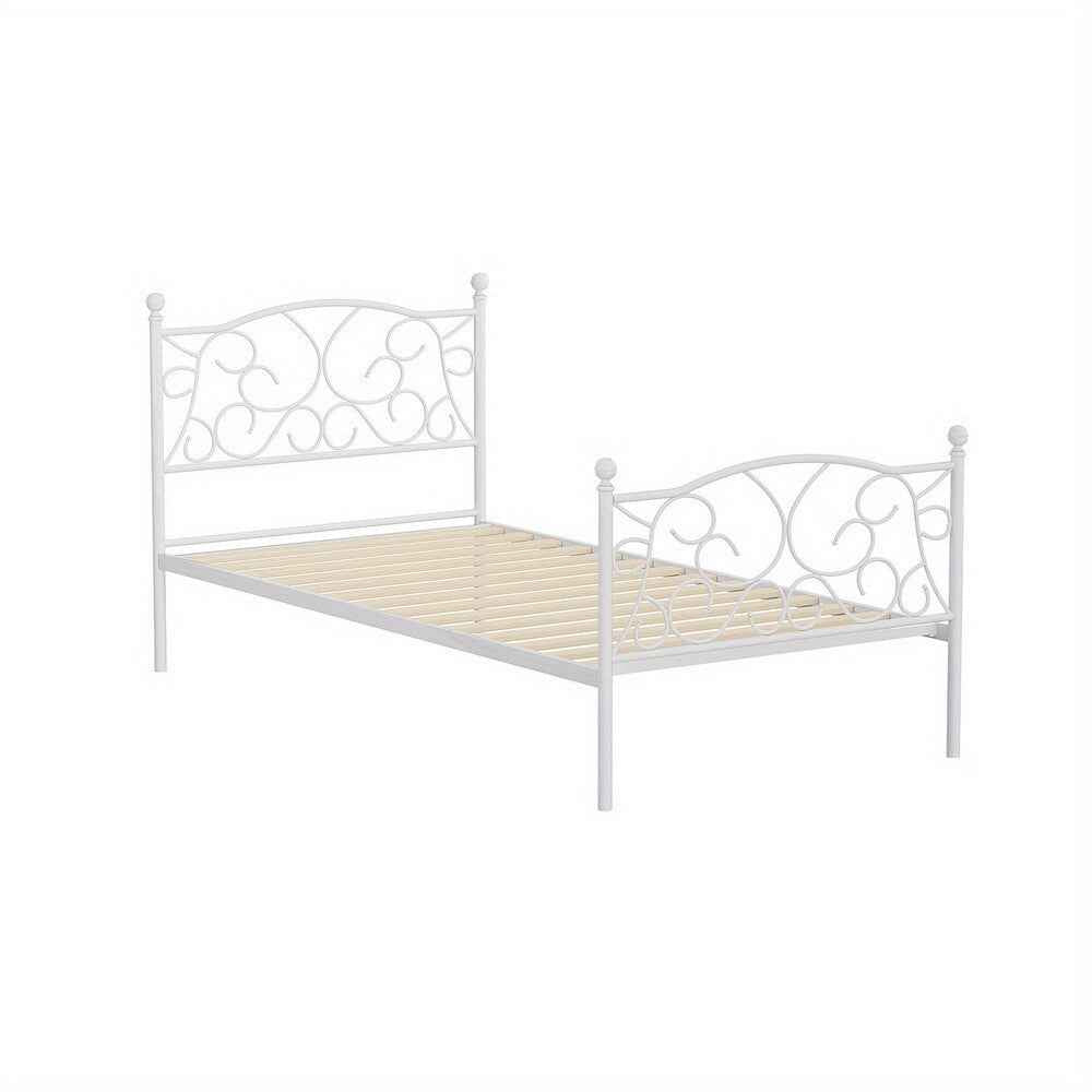 Artiss Single bed Size Metal Bed Frame - Contemporary White GROA Platform Foundation with Intricate Headboard Design