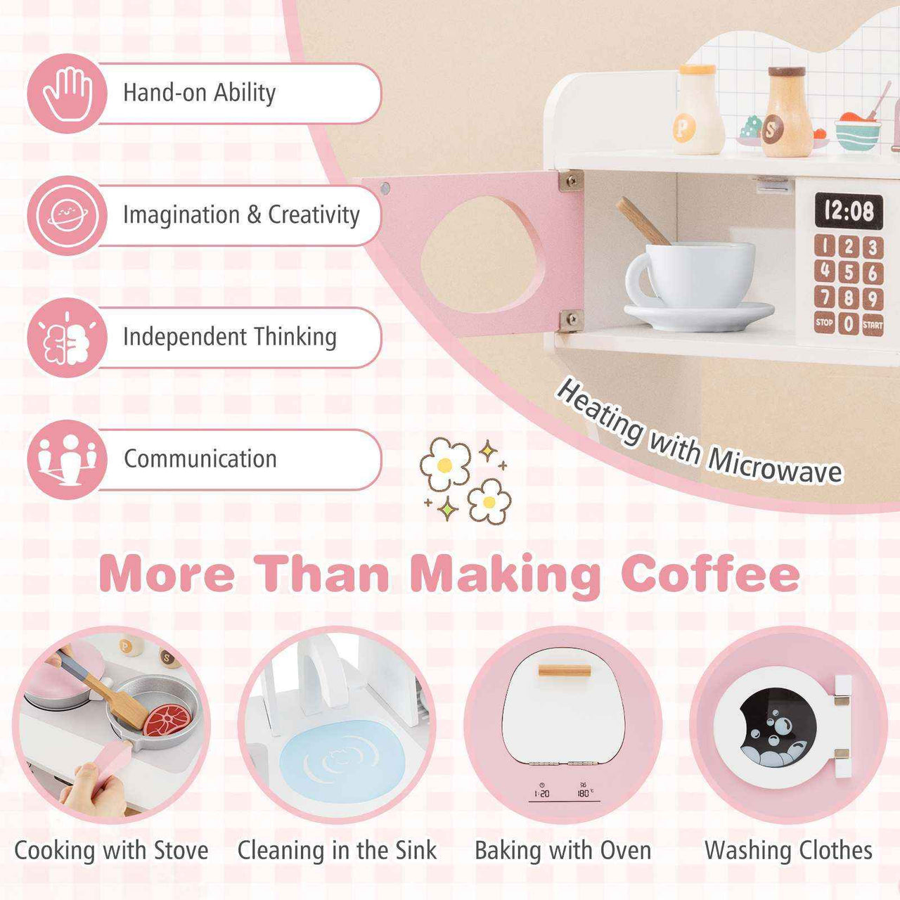 Pink Pretend Play Kids Kitchen Set with Coffee Maker & More