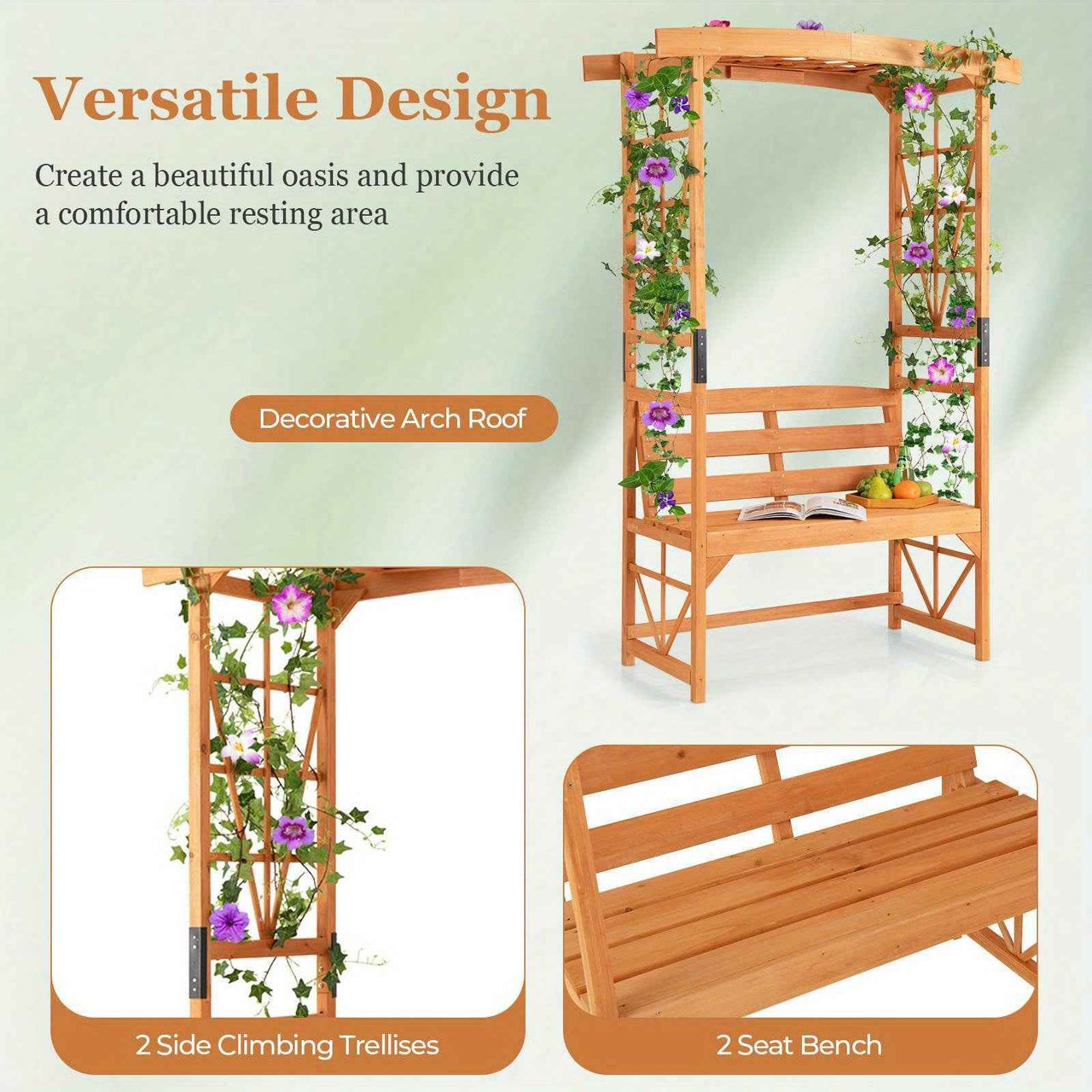 Patio Garden Arch Archway 2-Seat Wooden Bench w/ 2 Trellises & Pergola