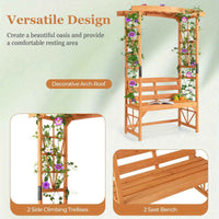 Thumbnail for Patio Garden Arch Archway 2-Seat Wooden Bench w/ 2 Trellises & Pergola