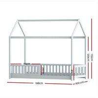 Thumbnail for Grey Solid Pine House Toddler Bed Frame for Kids - Slatted Base & Storage Shelf