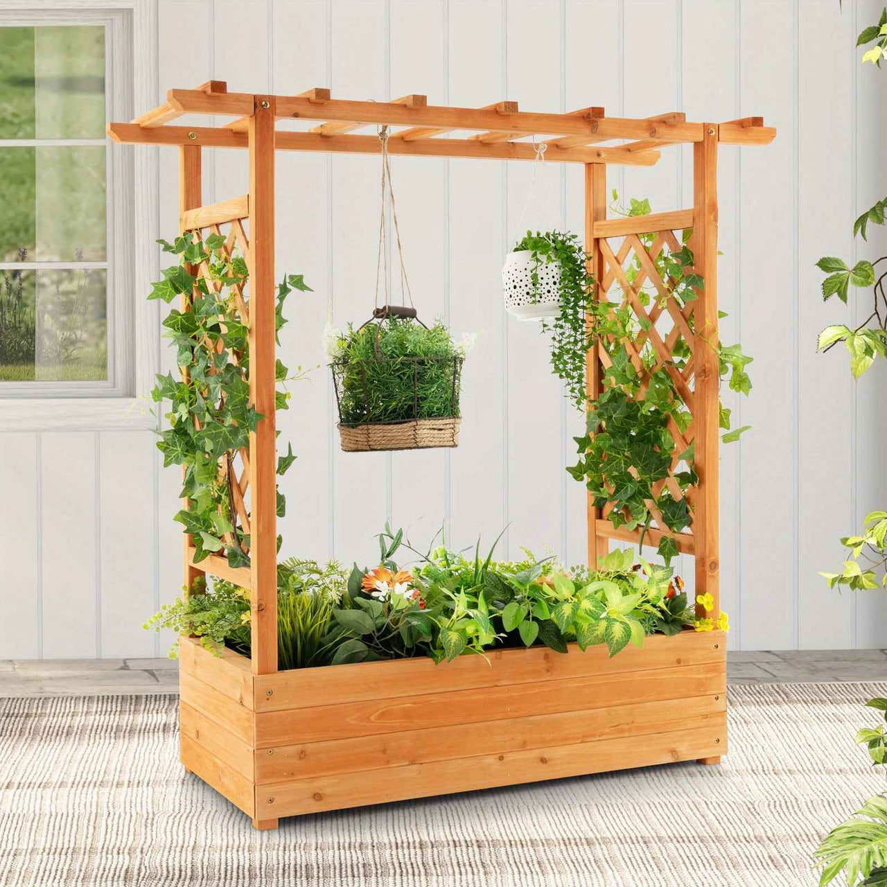 Large Wooden Raised Planter Garden Bed Container w/Top Trellis for Vine Climbing Plant Flower