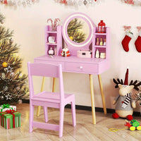 Thumbnail for Pink Kids Vanity Dressing Table & Chair Set Makeup Desk & Chair w/ 2-Color Front Lit Mirror