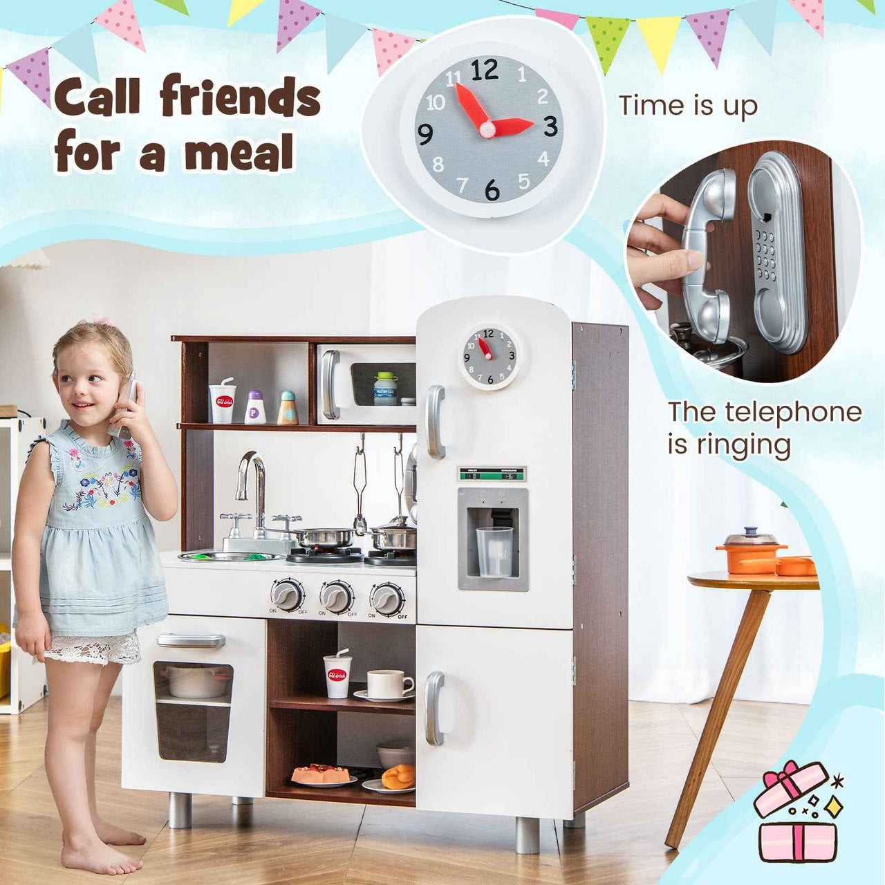 LIFEZEAL Kitchen Play Set Pretend Play Toys Wooden Cooking Accessories w/ Realistic Sounds & Lights