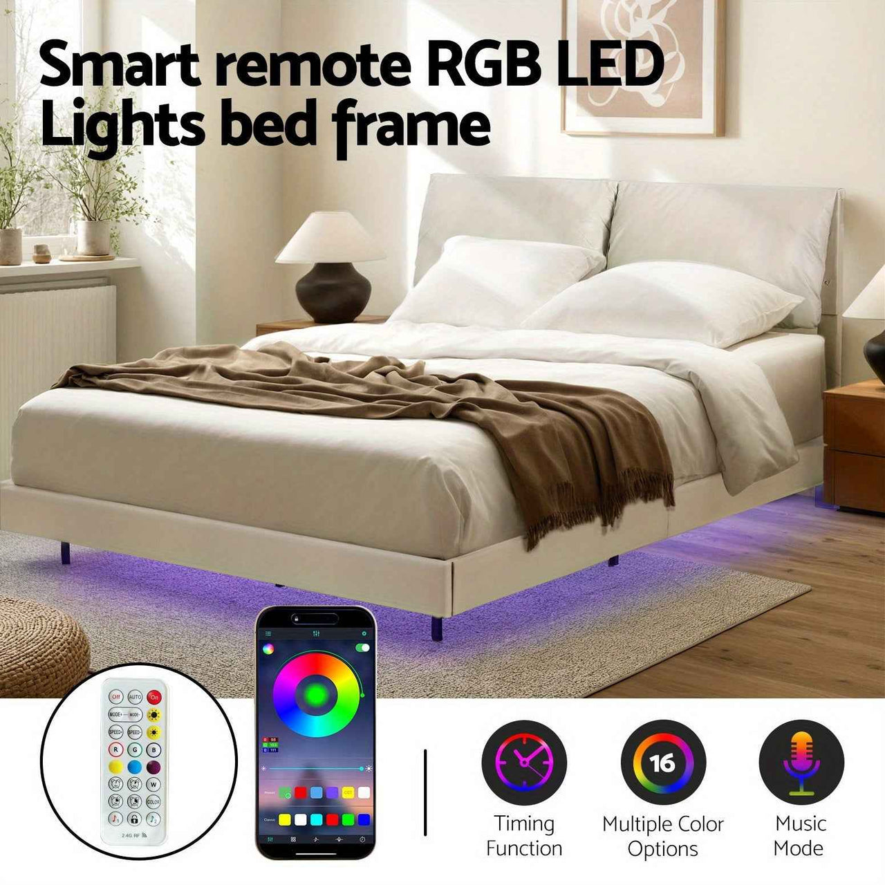 ARTISS Contemporary Double Bed Frame with RGB LED Headboard | USB Powered