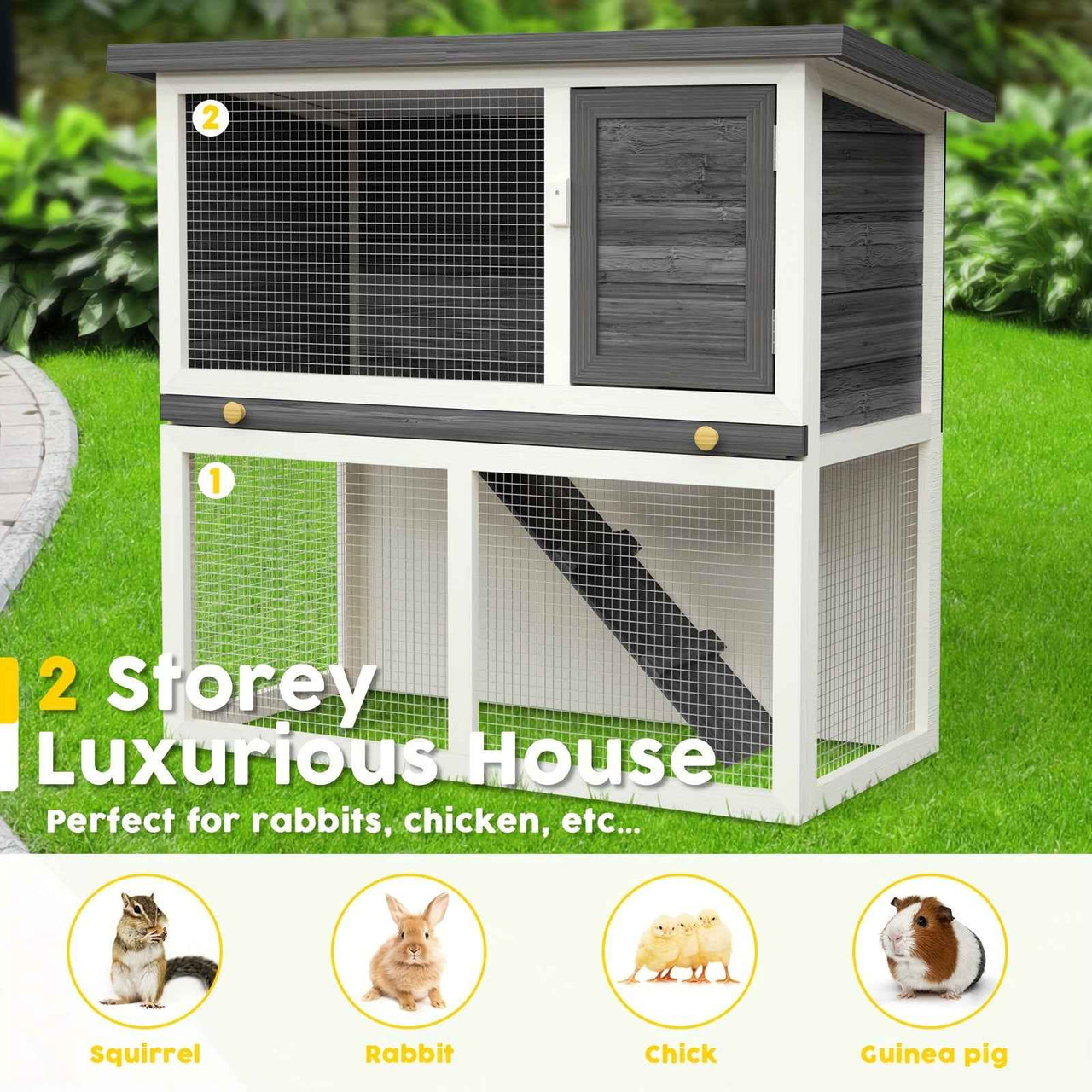 Outdoor Rabbit Hutch Wooden Chicken Coop, Spacious Mesh Wire Enclosed Cage, Pull Out Tray&Easy Clean For Bunnies, Chickens, Guinea Pigs, Rabbit
