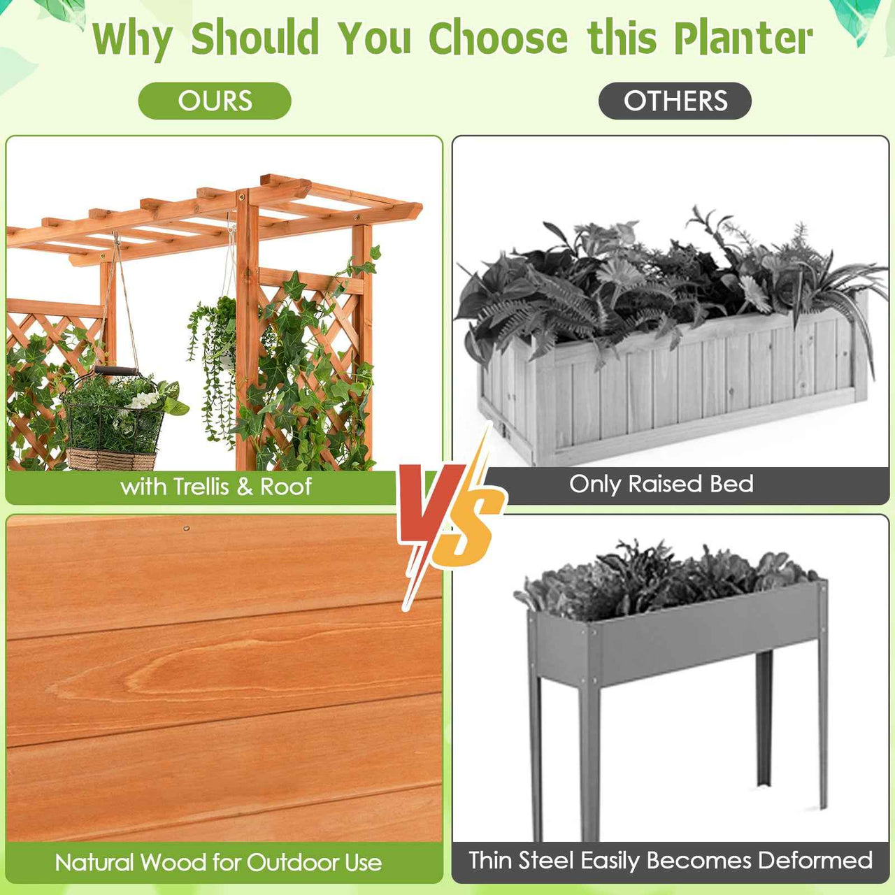 Large Wooden Raised Planter Garden Bed Container w/Top Trellis for Vine Climbing Plant Flower