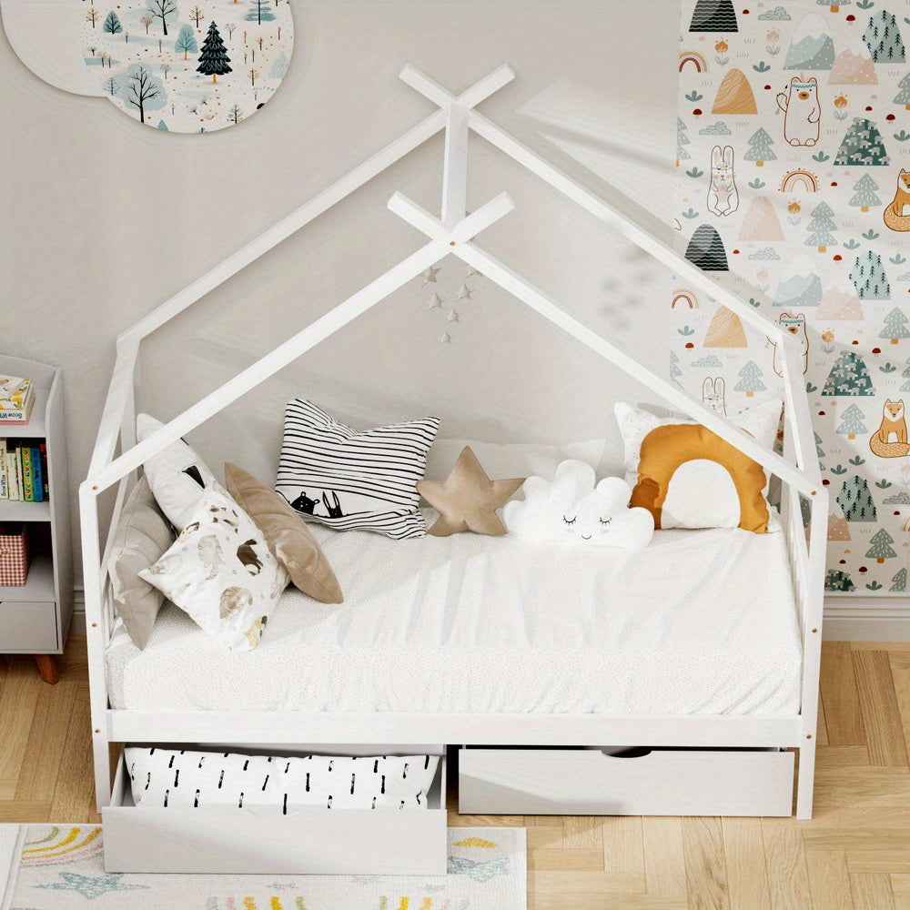 Artiss Montessori House Toddler Bed Frame with Storage Drawers & Roof | Wooden Toddler Canopy Bed