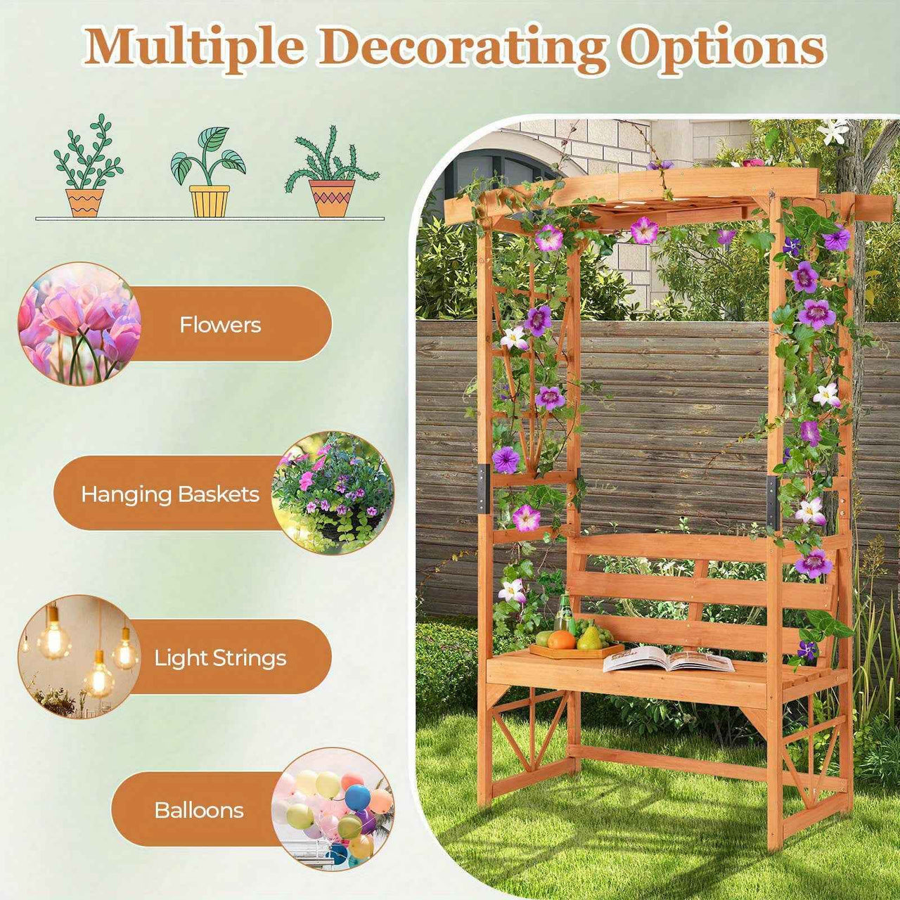 Patio Garden Arch Archway 2-Seat Wooden Bench w/ 2 Trellises & Pergola