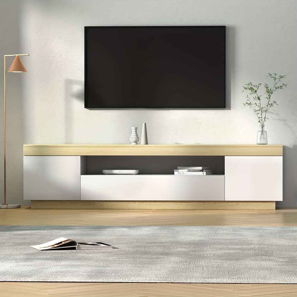 Lior 71" Modern TV Stand Entertainment Center with Dual-Tone White & Wood Finish, 2 Cabinets & Storage Drawer