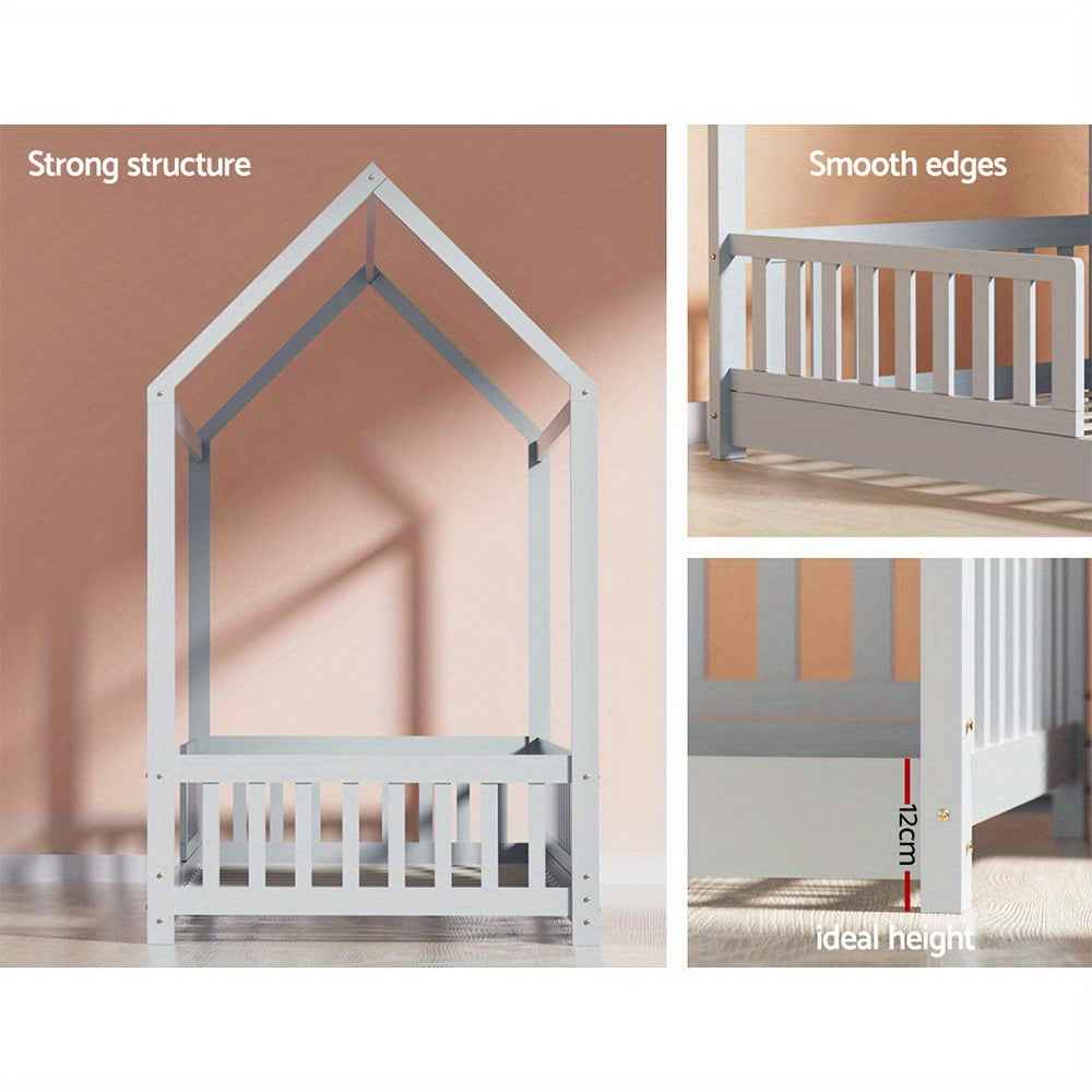 Grey Solid Pine House Toddler Bed Frame for Kids - Slatted Base & Storage Shelf