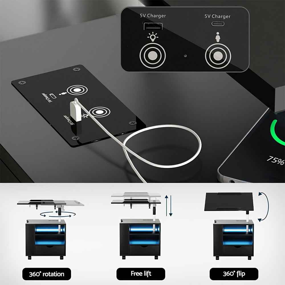 Bedside Table USB Charging with LED Adjustable Laptop Tray
